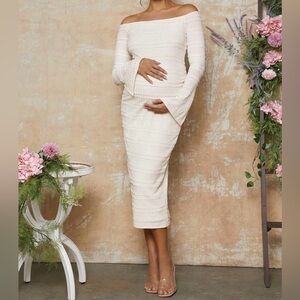 SHEIN • Off-Shoulder Cream Maternity Midi Dress